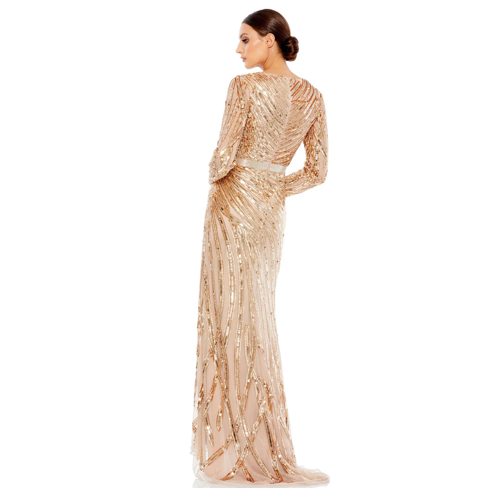 Mac Duggal 5438 Gold Copper Long Sleeve Streaked Sequin Gown Size 8 NWT - Picture 3 of 9